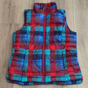 Lands End Vest Womens Medium Plaid Red Blue Down Puffer Winter Outdoors Preppy